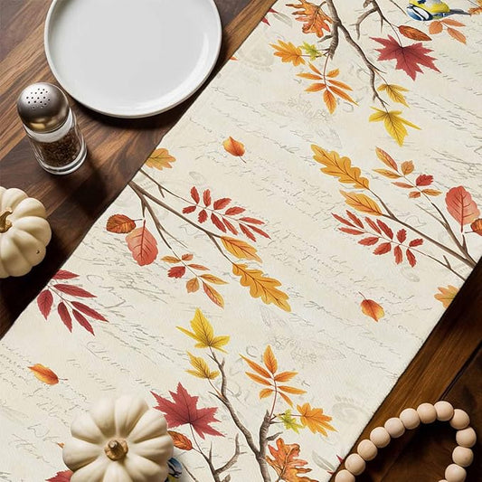 Thanksgiving Fall Cotton Linen Table Runner for Dining Kitchen, Blue Pumpkins Rustic Wedding Outdoor Party Autumn Tablerunners Decoration, Leaves Dresser Scarf Coffee Tablecloth Runners 13x90 Inches
