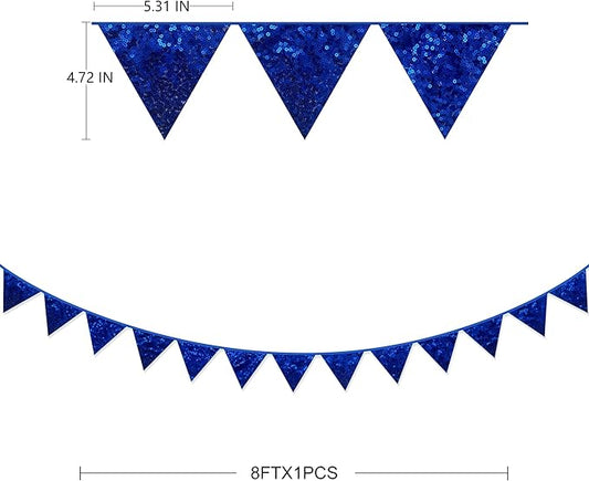 pinkblume Royal Blue Decorations Double Sided Sequin Navy Blue Fabric Triangle Pennant Banner Flag Bunting Garland for Blue Nautical Ahoy Achor Theme Nursery Classroom Home Bedroom Wall Decor
