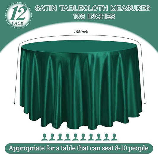 12 Pack 108 Inch Hunter Green Satin Tablecloth - Silky Round Tablecloth Overlay Smooth Fabric Table Cover, Bright Table Decoration for Wedding Party Banquet Events Restaurant Kitchen Dining
