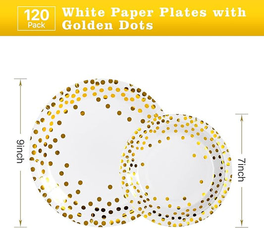 Lullaby 120PCS White Paper Plates, Disposable Gold Paper Plates, 60pcs Dinner Plates 9",60pcs Dessert Plates 7", Party Plates with Golden Dot for Birthday, Gathering and Graduation