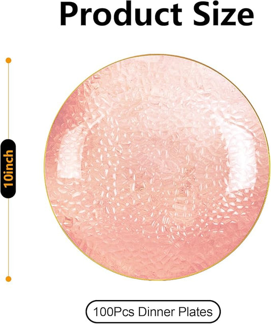 Rubtlamp 100 Pcs Pink And Gold Plastic Plates - 10 inch Clear Pink Gold Dinner Plates - Hammer Pattern Design - Fancy Disposable Plates - Heavy-Duty Party Plates Ideal for Mother's Day