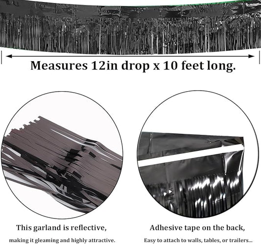 6 Pack Black Total 60 Feet Foil Fringe Garland Metallic Tinsel Banner Wall Hanging Drapes Parade Float Skirting Decorations for Trailer Mardi Gras Party Birthday Wedding (Black)