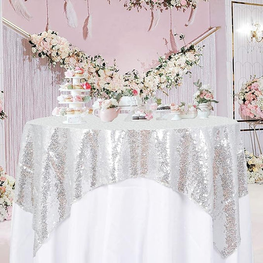 ShinyBeauty Sequin Tablecloth Silver 72''x72'' Square Glitter Table Cover Silver Table Cloths for Parties Wedding TableCover Event Decor Sparkley Tablecloth Kitchen Linen
