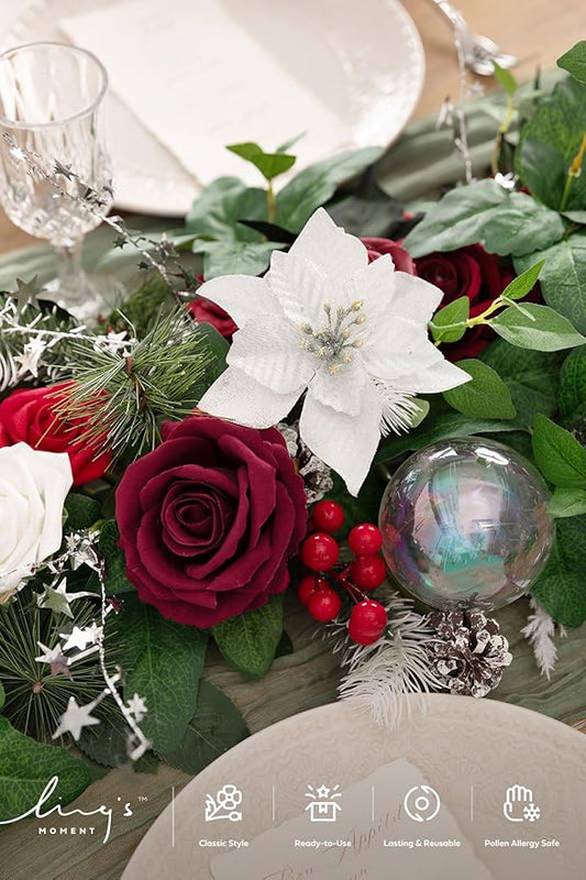 Ling's moment Eucalyptus Garland with Flowers 6FT,Table Runner with Flowers Marsala Mantle Decor Handcrafted Wedding Centerpieces for Rehearsal Dinner Bridal Shower | Red & White