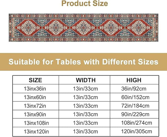 Boho Floral Vintage Table Runner, Red Blue Retro Flower Rustic Country Farmhouse Pattern for Home Kitchen Table Decor Dining Coffee Room Party Decor 13x90in