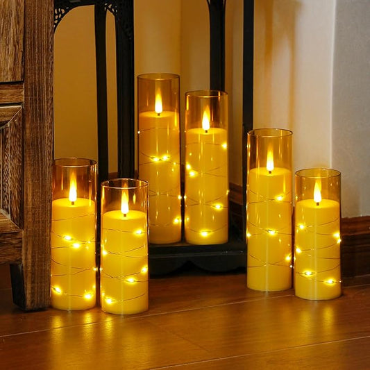 Gold Flameless Candles with Remote and String Light, 2.2"x 5",5",6",7",7",8" LED Battery Operated Plastic Flickering Timer Pillar Candles(Pack of 6,Turn On/Off String Light Mode)
