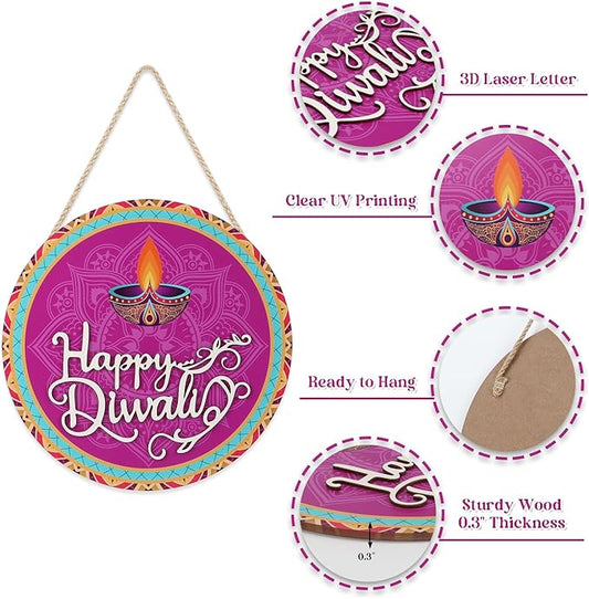 CHDITB Happy Diwali Decoration 3D Front Door Sign(12”x12”), Indian Festival of Lights Wall Hanging with Rangoli Diyas, Deepavali Themed Door Hanger for Front Door Porch Home Office Party