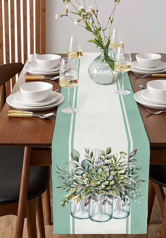 Eucalyptus Cotton Linen Table Runner for Dining Kitchen, Wedding Outdoor Party Tablerunners Decoration, Green Leaves Botanical Plants Watercolor Dresser Scarf Coffee Tablecloth Runners 13x48 Inches