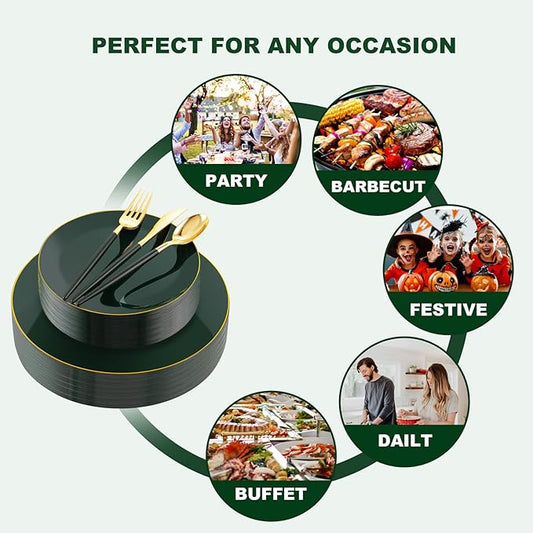Liacere 150PCS Green Plastic Plates - Gold Plastic Silverware with Green Handle - Heavy Duty Fancy Plastic Plates Disposable Include 30 Guests Plates, Forks, Spoons, Knives for wedding&Labor Day