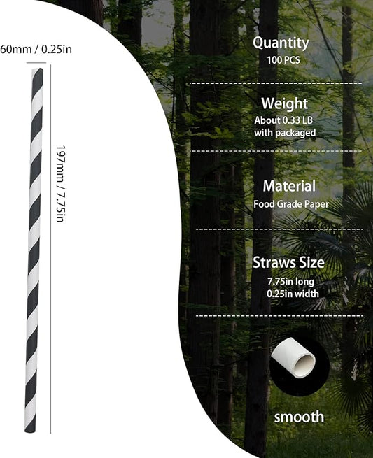 Biodegradable Black Striped Paper Straws, Pack of 100 Disposable Black White Stripes Paper Drinking Straw for Restaurants, Juices, Smoothies