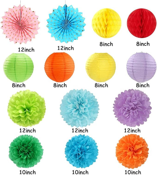 Rainbow Red-Orange Green-Blue Purple Party-Decorations - 14pcs Colorful Theme Paper Lanterns Fan,Tissue Pom Poms Streamers,Honeycomb Balls,Boy Girl Kids Birthday Baby Shower Wedding Supplies Ouruola
