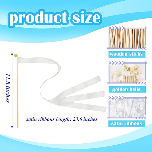 60 Pieces Wedding Colorful Ribbon with Bells, Party Ribbons Streamers Sticks Magic Wish Fairy Wand for Wedding Party Holiday Activities Favors (White-60)