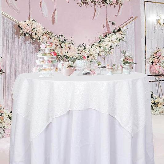 ShinyBeauty Sequin Tablecloth Square 54x54-Inch White Table Cloths for Round Table White Sequin Fabric Tablecloth Overlay Glitter Linen for Parties Small Square Tablecloth for Wedding