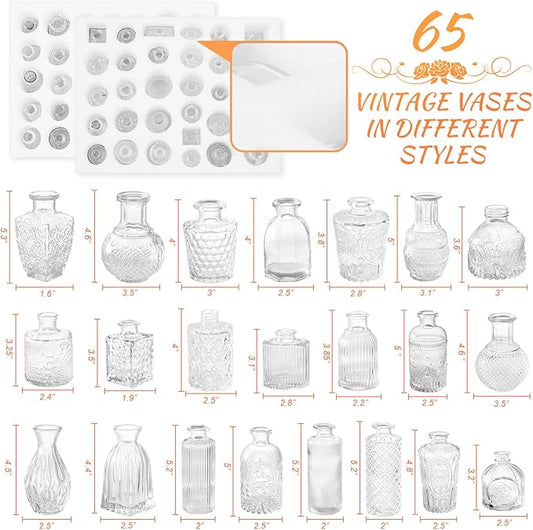 65PCS Glass Bud Vase Set, Different Small Vases for Flowers, Clear Centerpieces, Mini in Bulk Rustic Wedding Decorations, Vintage Look Home Table Flower Decor