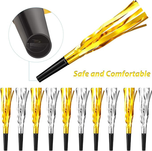 200 Pcs Party Blowers Noise Makers Party Horns Blowout Clappers Noisemakers for Halloween Christmas Birthday Sporting Party New Year's Eve Party Supplies 2025(Black Gold, Black Silver)