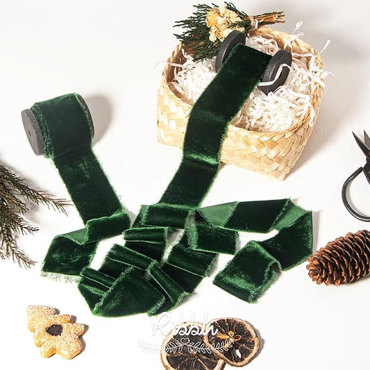 Ribbli Forest Green Velvet Ribbon 1.5 Inch Handmade Frayed Vintage Christmas Ribbon for Gift Wrapping Christmas Tree Ornament Wreath Craft Home Decor -Total 3 Yards with Wooden Spool