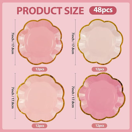 48Pcs Light Pink Scalloped Party Plates - 7inch Gold Foil Gradient Pink Dessert Paper Plate Disposable Cake Plates for Birthday Bridal Baby Shower Wedding Party Decorative Supplies