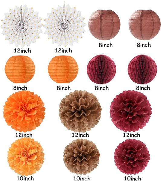 Fall Boho Baby-Shower Party-Decorations Streamers-Lanterns - 14pc Autumn Harvest Brown Orange Burgundy Paper Fan,Rustic Birthday Wedding Bridal Tissue Pom Poms,Honeycomb Balls,Engagement Decor Ouruola
