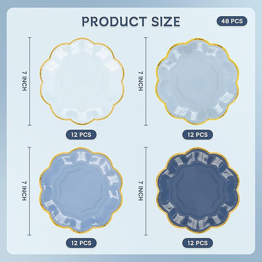 Dusty Blue Party Plates Gradient Blue Dessert Paper Plates 7inch Gold Foil Scalloped Edge Disposable Cake Plates for Tea Party Birthday Bridal Baby Shower Wedding Party Supplies (48)