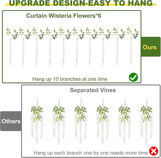 Wisteria Artificial Flowers Garland,10Pcs Total 60ft Silk Fake White Wisteria Flowers Hanging for Home Garden Wedding Arch Party Indoor Outdoor Decor