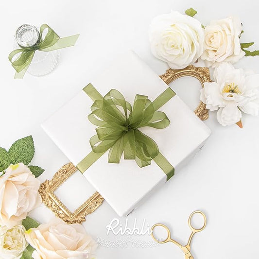 Ribbli Moss Green Organza Ribbon 1/2 Inches x Continuous 50 Yard Green Sheer Ribbon for Gift Wrapping,Cookie Wrapping,Wedding Decoration
