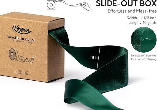 Green Satin Ribbon Double-Faced Wired Ribbons for Gift Wrapping Flower Bouquet Bows Wedding Invitation Christmas Decor Crafts 1-1/2 Inch 10 Yards
