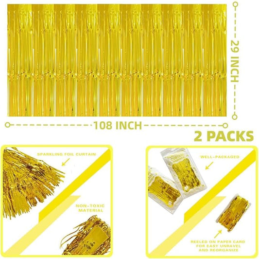 Gold Streamers Party Decorations, 2 Packs Gold Table Skirts Metallic Foil Fringe Tinsel for Birthday Float Parade Mardi Gras Graduation Party Supplies -29x108Inch