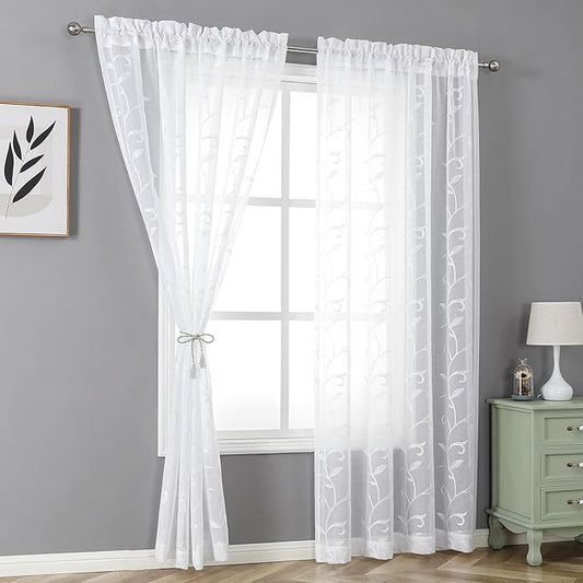VISIONTEX White Sheer Voile Curtains, Decorative White Embroidery Faux Linen Rod Pocket Window Drapes for Home Kitchen, Living Room and Bedroom 54 x 108 Inch, Set of 2 Curtain Panels