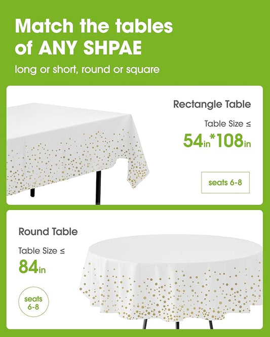 Pureegg Plastic Table Cloth Disposable 10 Pack, 54 x 108 Inch Table Cloths, Graduation Decorations Class of 2025, Graduation Tablecloths, Rectangle, Plastic Cover, Leakproof & Sturdy, White and Gold