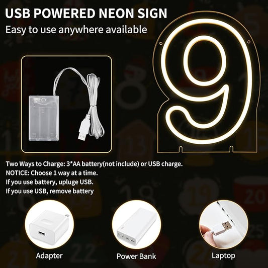 Number 9 LED Neon Sign Backdrop Birthday Party Decoration, 11.3" Height Warm White Marquee Numbers Nine Light Up Sign for Wedding Anniversary Window Wall Table, Indoor Battery Operated or USB