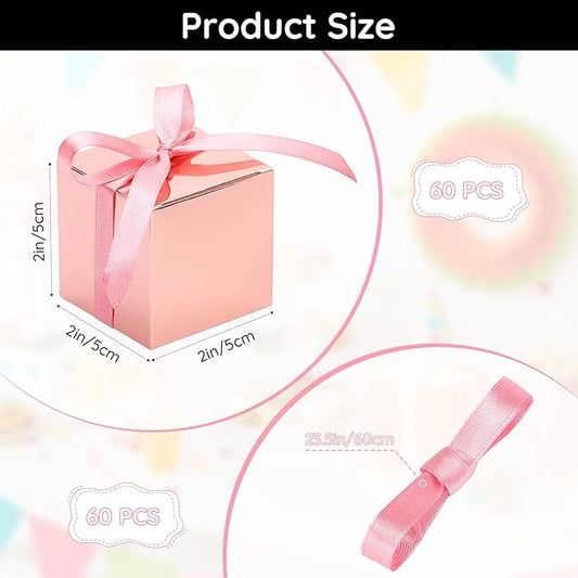 EUSOAR Candy Boxes Party Favors, 60pcs 2x2x2 Inches Small Gift Boxes Wedding Candy Box with Ribbons, Mini Bakery Cookies Box Square Chocolate Containers for Anniversary Bridal Party Favor Decoration