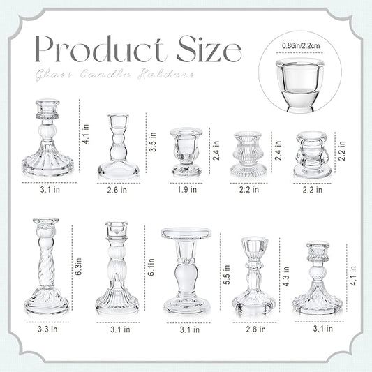 Mumufy 10 Pcs Glass Crystal Taper Candle Holders Clear Glass Candlestick Holder Fit 0.8 Inch Candles Crystal Decorative Candle Stand Centerpiece Table Wedding Dining Party (Classic,Clear)