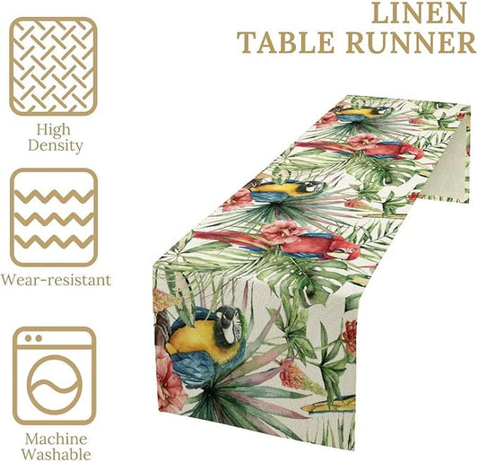 Parrot Table Runner,Tropical Palm Leaf Colorful Macaw Bird Watercolor Print Tablecloth Burlap for Hotel Indoors Outdoor Dining Room Kitchen Home Decor,W13X L90 in