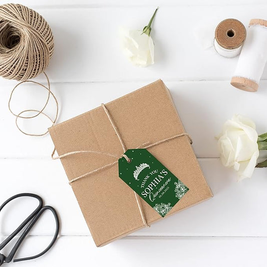 Andaz Press 40-Pack Personalized Quinceañera Favor Tags with String, Crown Floral Line Custom Classic Thank You Gift Tags for Quince Años XV 15th Birthday Favor Gifts Quinceanera Decorations