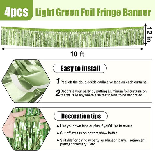 4 Pack 10 Feet Light Green Foil Fringe Garland Metallic Tinsel Streamers Banner Wall Hanging Curtain Backdrop for Parade Floats, Wedding, Graduate, Mother's Day, Birthday Party Decoration