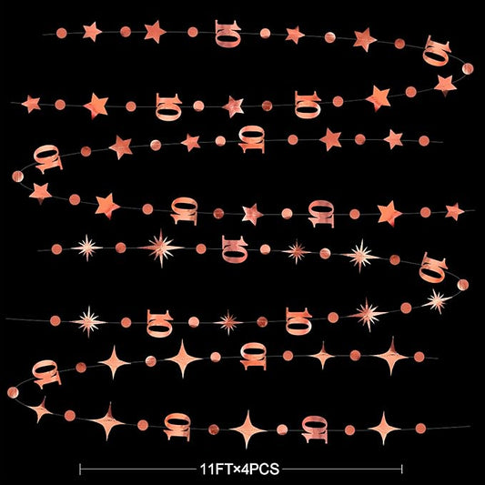 Rose Gold 10th Birthday Decorations Number 10 Circle Dot Twinkle Star Garland Metallic Hanging Streamer Bunting Banner Backdrop for Girls Boys Ten Year Old Birthday 10th Anniversary Party Supplies