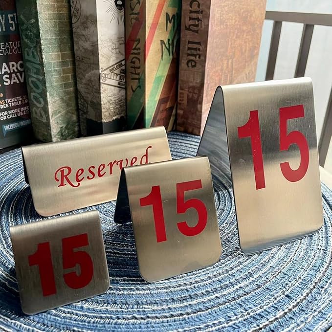 10 Pcs Metal Place Cards Stackable Tent Style Table Numbers,Place Card Holders for Celebration Wedding Party Restaurants Cafes Bars Gatherings meeting Room Board Game Serial (Medium 41-50, Red)