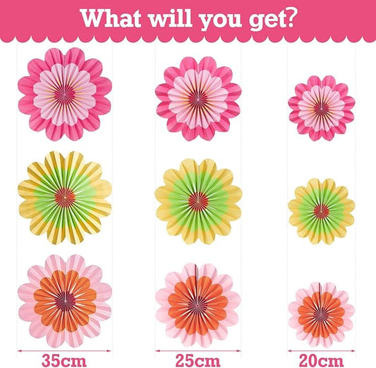 Easy Joy Paper Decorations Hanging Flower Fans - Floral Rainbow Paper Fans for Spring Summer Party, Wedding, Baby Shower - Set of 9