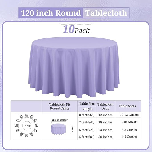 10 Pack Lavender Round Tablecloths - 120 Inch, Polyester Table Cover, Stain and Wrinkle Resistant Washable Fabric Table Cloth for Wedding Banquet Parties