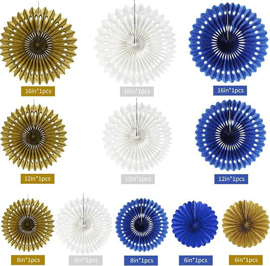 BEISHIDA Blue Gold White Hanging Honeycomb Round Paper Fans Decoration Set for New Year Baby Shower Birthday Wedding Bachelorette Photo Booth Backdrops Anniversary Paper Party Supplies(11packs)