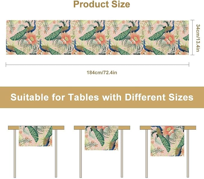 Peacock Table Runner,Pink Flower Peacock Birds Table Runner for Home Kitchen Dining Party Indoor Outdoor Decoration 13x90 Inch