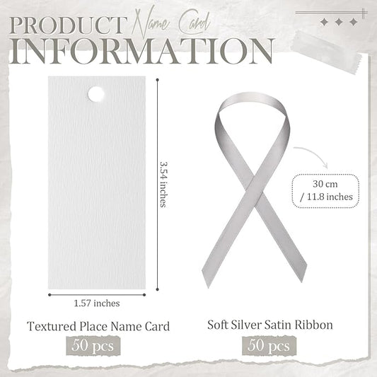 50 Pcs Name Place Cards for Table Setting Blank Wedding Place Cards with Satin Ribbon 1.57 x 3.54 Inch Hanging Gift Tags for Wedding Dinner Banquet Party Table Setting Supplies (Silver)