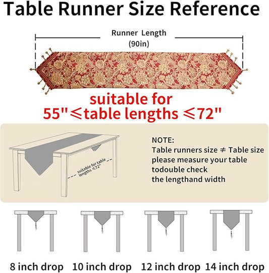 Luxury Vintage Design Table Runner 90 inches Long Embroidery Jacquard Fabric with Multi-Tassels Table Runners for Dining Room Dresser Christmas Thanksgiving Party Decorations (Red, 12X90inch)