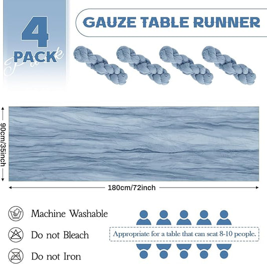 Aktor 4 Pack Dusty Blue Table Runner Boho Cheesecloth Table Runner Semi Sheer Gauze Fabric Runners for Wedding Birthday Baby Shower Party Boho Table Decoration(Dusty Blue)