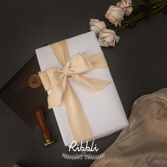 Ribbli 3 Rolls Nude Ribbon 1.5 Inch x 18Yards Beige Handmade Cotton Frayed Fringe Ribbons for Gift Wrapping Wedding Invites Bridal Bouquets Baby Shower DIY Crafts Home Decor