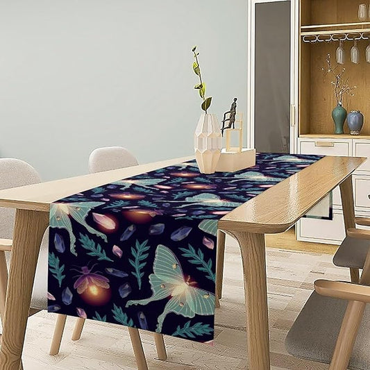Moth Table Runner, Retro Boho Aesthetic Blue Moth Magic Table Runner for Home Kitchen Dining Party Indoor Outdoor Decoration 13x120 Inch