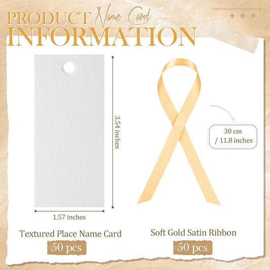 50 Pcs Name Place Cards for Table Setting Blank Wedding Place Cards with Satin Ribbon 1.57 x 3.54 Inch Hanging Gift Tags for Wedding Dinner Banquet Party Table Setting Supplies(Gold)