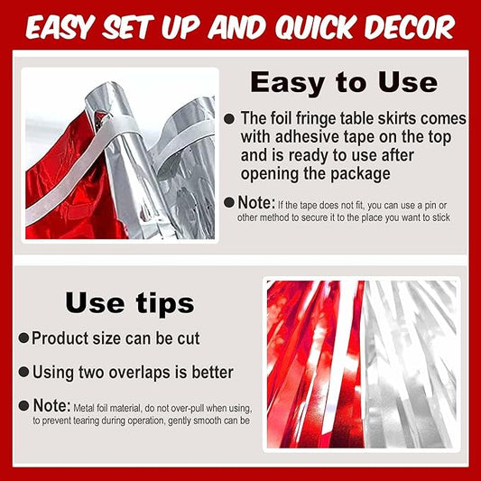 3 Pack 29 x108 Inch Red and Silver Foil Fringe Table Skirts Metallic Banner for Tinsel Streamer Garland Backdrop for Parade Floats Mother's Day, Graduate, Birthday, Wedding Party Decoration