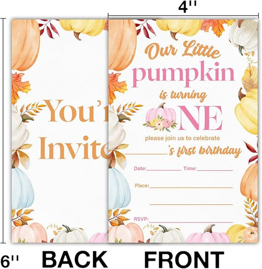 Pumpkins First Birthday Party Invitations for Baby Girl Little Pumpkin 1st Birthday Party Fill in Invites Cards With Envelopes (20 Count), Double Sided Design