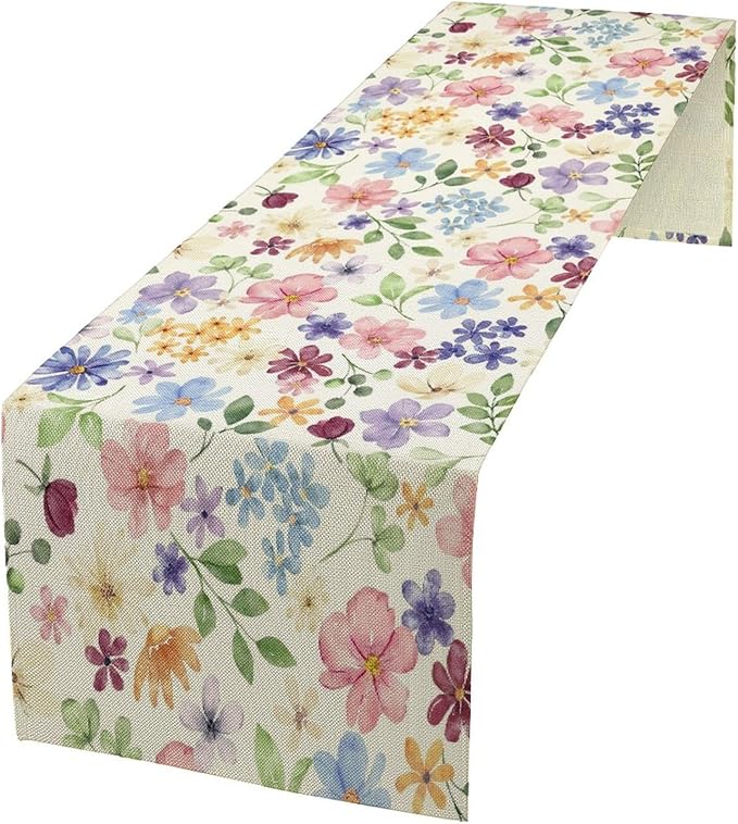 Floral Decorative Table Runner, Watercolor Floral Botanical Rustic Modern Style Pattern Printed Long Table Runner for Restaurant Kitchen Party,13in(33cm) W * 72in(184cm) L